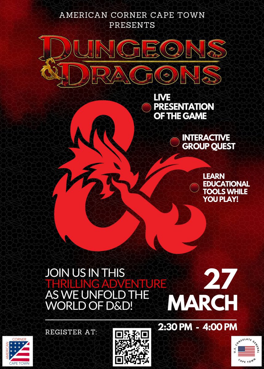 Keen to learn more about the popular Dungeons & Dragons game? Join the @ACCapeTown @ Central Library in #CapeTown in an interactive group quest, a live presentation of the game, in an afternoon unfolding the world of D&D! Free Entry. * 27 March 2024 * ⁠14:30 - 16:00 *…