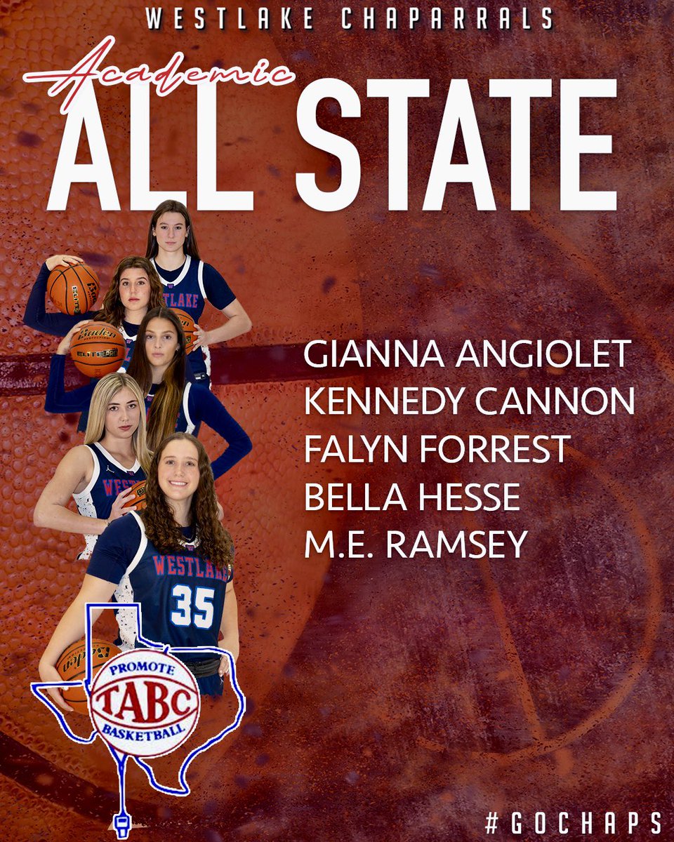 Post season awards are pouring in for the 2023-2024 Women’s Basketball team. All five seniors were selected to the Texas Association of Basketball Coaches Academic All-State Team. Congratulations! #GoChaps Gianna Angiolet Kennedy Cannon Falyn Forrest Bella Hesse M.E. Ramsey