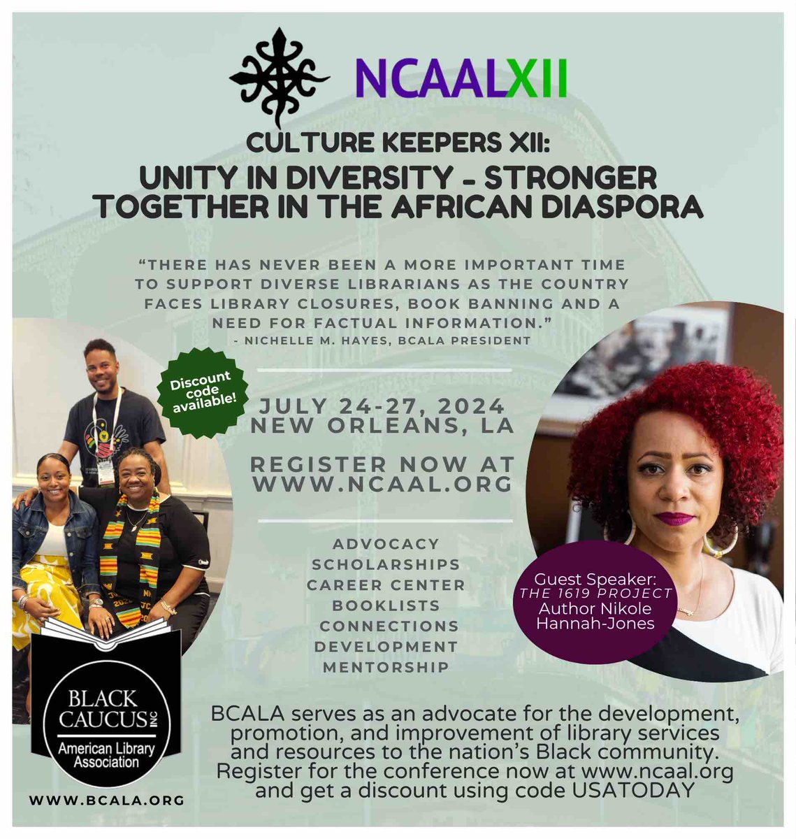 📣We’re happy to announce that Nikole Hannah Jones (@nhannahjones) will be joining us for the 12th National Conference of African American Librarians (NCAAL XII). Have you registered? Visit ncaal.org to learn more. Early Bird discount rate available until 4/17/24!