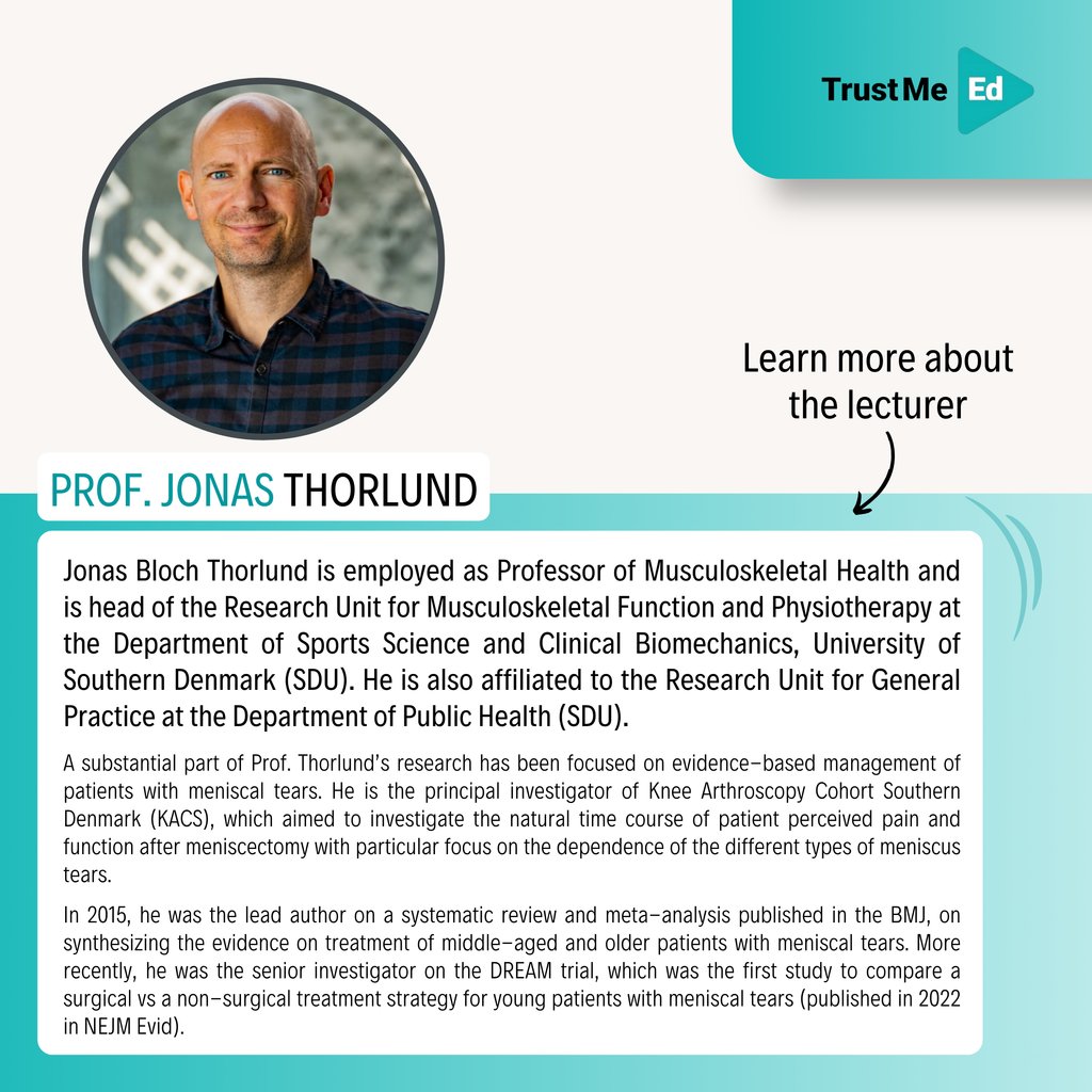 🤔 Want to improve your knowledge on the diagnosis and management of meniscal tears? We have a new master class for you: 🦵 'Meniscal Tears' by Professor Jonas Thorlund⁠ @jbthorlund ✅ Available now for Trust Me-Ed members!⁠ ⁠ 🔗 trustme-ed.com/lectures/menis…