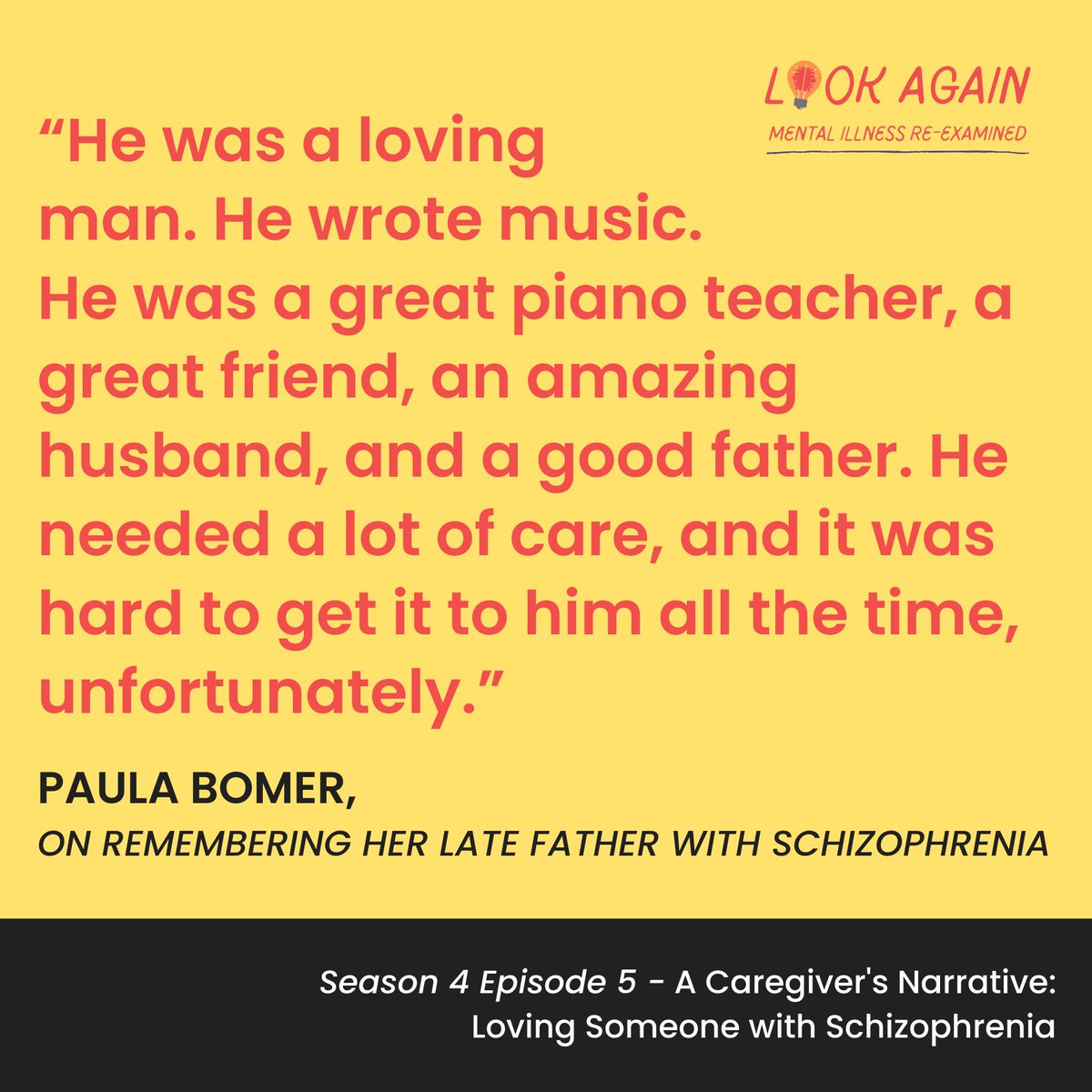 #FamilyCaregivers of those with #MentalIllness understand how the affects can be felt throughout the entire famly. One woman generously shares her story in this episode of Look Again from @BCSchizophrenia. Listen here: link.chtbl.com/BCSS?sid=socia…