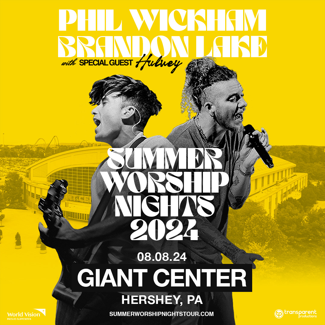 On sale now: @philwickham and @brandonlake's Summer Worship Nights will visit #GIANTCenter on August 8 with special guest @hulveyofficial! Grab your tickets for the show today -bit.ly/48RJiJJ