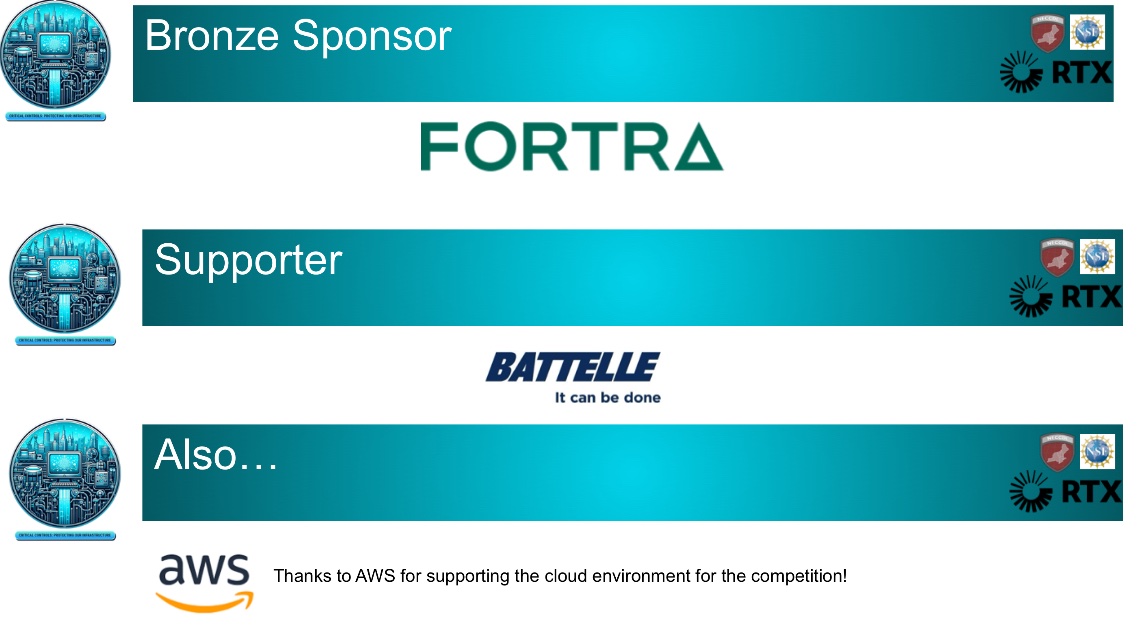 Thanks to all of our sponsors for #NECCDC 2024 - we could not have held this competition without your support - Bronze sponsor: <a href="/fortraofficial/">Fortra</a>, Supporter: <a href="/Battelle/">Battelle</a> &amp; also thanks to <a href="/awscloud/">Amazon Web Services</a> for partial support of the cloud environment for the competition
 - thank you!