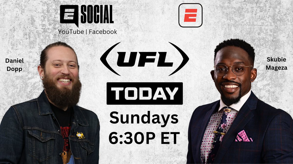 🏈 'UFL Today' 🏈 March 31, ESPN will launch a weekly, digital post-game show with Daniel Dopp & Skubie Mageza Available every Sunday during the #UFL2024 season at 6:30p ET on ESPN YouTube, Facebook & the ESPN App More: bit.ly/4a7C19V
