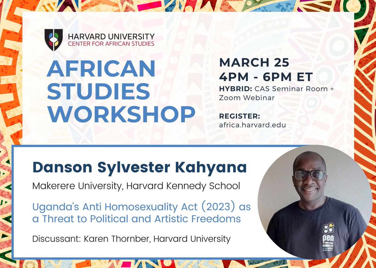 The African Studies Workshop continues today, Monday, March 25, from 4-6pm ET. Join us in-person or online via Zoom. Learn more and register: africa.harvard.edu/african-studie…