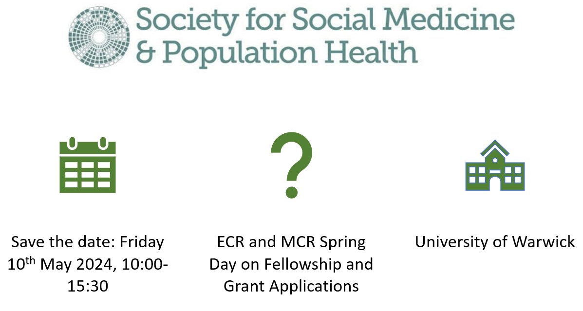 Registration for our Early and Mid Career Spring Day on grant and fellowship applications is now open! It will take place on Friday 10th May at the University of Warwick. Use the link below to register to attend ⬇️ eventbrite.co.uk/e/ssm-ecr-and-… @SocSocMed @MCR_SSM