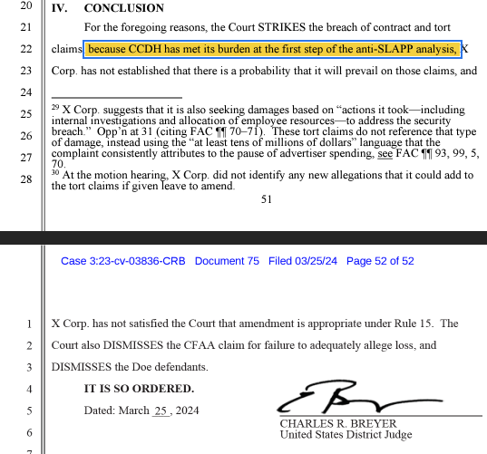 Elon Musk's X has lost his lawsuit against the Center for Countering Digital Hate. The ND of California federal court just dismissed the entire case as being an anti-SLAPP action intended to chill speech. Turns out Elon Musk doesn't actually like free speech.