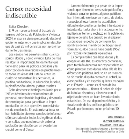 lfuentesarce's tweet image. "Censo: Necesidad indiscutible" Nuestra carta al Director en @ElMercurio_cl de hoy. #Censo2024