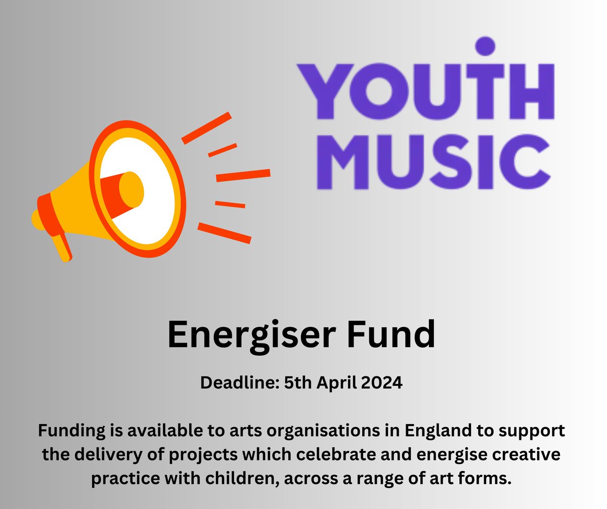 Are you involved in arts projects for children? 
Find out about the <a href="/YouthMusic/">Youth Music</a> Energiser Fund that's available ⬇️
youthmusic.org.uk/energiser-fund