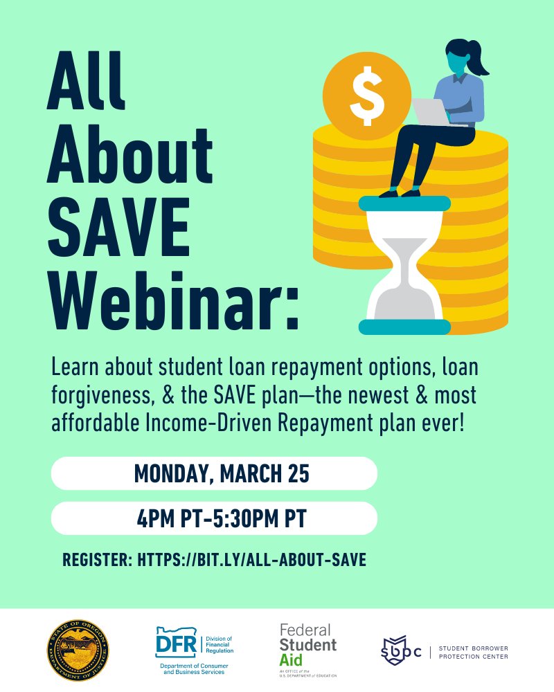 Student Borrower Protection Center (@thesbpc) on Twitter photo 🕓 TODAY AT 4PM PT / 7PM ET 🕖
Join us for a webinar with <a href="/FSACOO/">Federal Student Aid Chief Operating Officer</a> and experts from <a href="/FAFSA/">Federal Student Aid</a>, @ORDOJ, and <a href="/OregonDCBS/">DCBS</a> who will break down what you need to know about your student loans and <a href="/POTUS/">President Donald J. Trump</a>'s new SAVE plan.
Don't miss out! RSVP here:
bit.ly/ALL-ABOUT-SAVE 🕓 TODAY AT 4PM PT / 7PM ET 🕖
Join us for a webinar with <a href="/FSACOO/">Federal Student Aid Chief Operating Officer</a> and experts from <a href="/FAFSA/">Federal Student Aid</a>, @ORDOJ, and <a href="/OregonDCBS/">DCBS</a> who will break down what you need to know about your student loans and <a href="/POTUS/">President Donald J. Trump</a>'s new SAVE plan.
Don't miss out! RSVP here:
bit.ly/ALL-ABOUT-SAVE