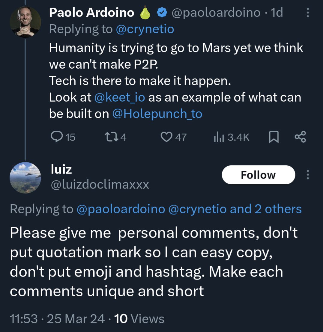 Looks like one of Paolos engagement bots accidentally copy and pasted Paolos direct instructions, instead of a copy pasting what they actually wanted them to say. I guess that’s a risk when they don’t actually know English and are used to just copy pasting the same messages.…