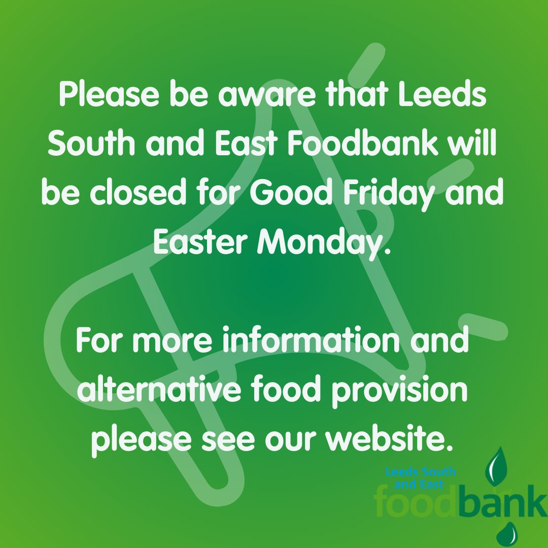 🚨Easter Foodbank Closures🚨 Our Belle Isle, Harehills and Beeston Foodbank Centres will be closed on Good Friday and Easter Monday. For more information and where to find alternative food provision on these days, please follow the Linktree in our bio to our website. Thanks 💚