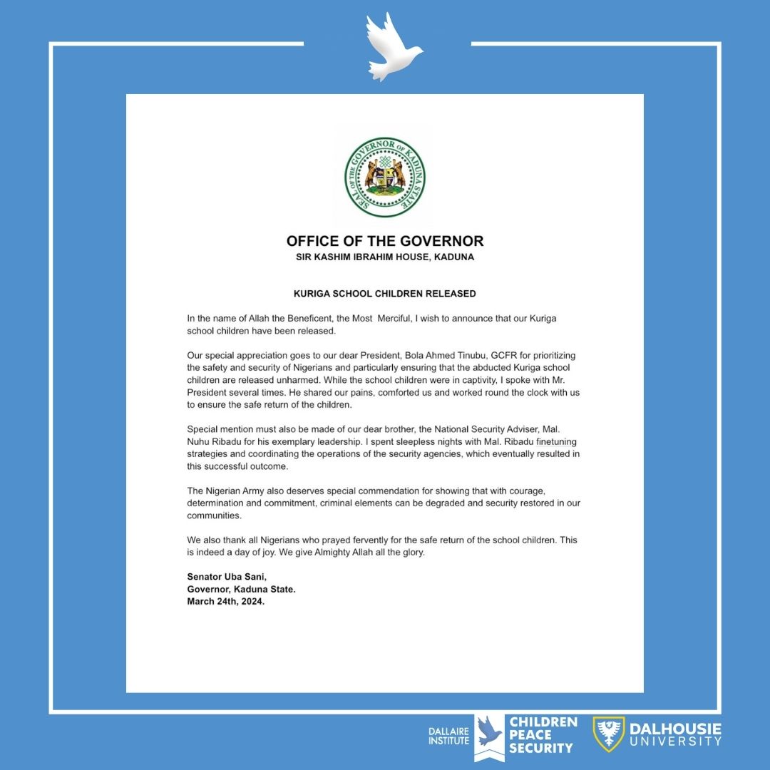 The @DallaireInst issued a global statement last week condemning the abduction of children in Nigeria. We are relieved to learn of their safe return. Peace is possible. Violence is preventable. And children are the heart of the solution. #children #peace #security #nigeria