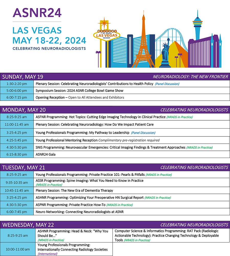 #ASNR24 offers more than 90 sessions featuring 400+ speakers, including programming geared to MIT and early career professionals. Don't miss out on these sessions -- register and book your hotel room now! Get the details: ow.ly/z64l50R17ca #Neurorad #MedEd #RadRes