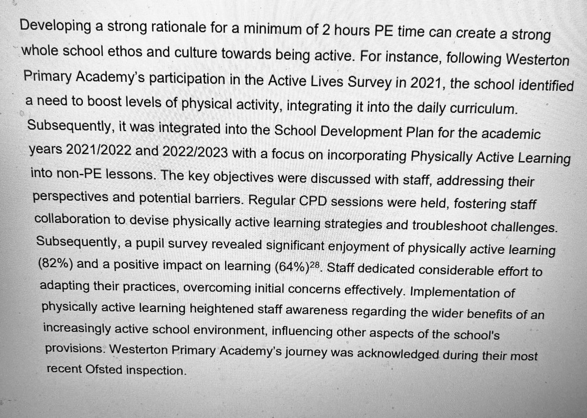 Great to see @WestertonPS in new @educationgovuk #PESSPA guidance. @Sport_England Active Lives data supporting the rationale & @We_Are_CAS providing the strategic framework to create whole school culture change. School improvement& physical activity in perfect alignment 👍