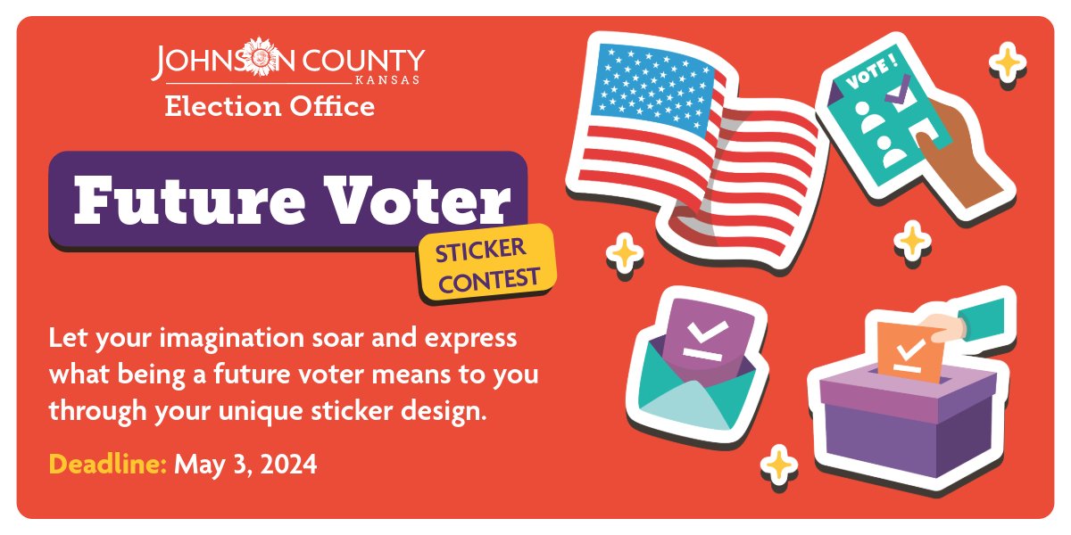 📢 Calling all Johnson County elementary and middle school students! 🌟 We will be selecting three sticker designs to be distributed to future voters at advance voting sites and Election Day polling sites. 🎨 For more information, visit jocoelection.org/contest.
