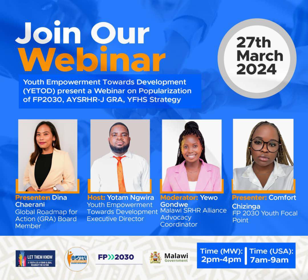 📢 We have organized a Webinar with Youth Empowerment Towards Development (YETOD) to popularize FP2030 commitments,YFHS strategy and National Youth Policy. ⏱️Event Date: 27.3. 2024 Register using this Link: surl.li/rxmbb