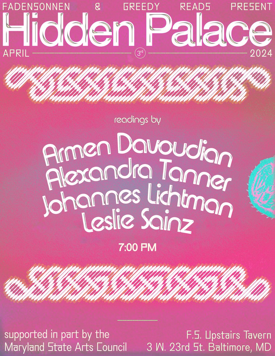 hidden palace no. 25 wednesday, april 3rd, 7pm, baltimore with: - armen davoudian (@ArmenDavoudian) - johannes lichtman (@Johaaaaaannes) - leslie sainz (@lesannsai) - alexandra tanner (@alex___tanner) poster by sam leidig (@ssssaaammmmmmm) #mdartscouncil