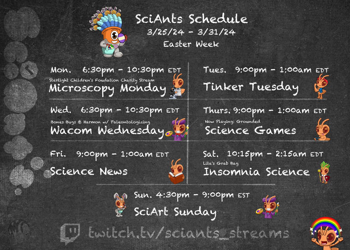 #SciAnts stream schedule for week is live! #science and #art fun for our amazing community. Week of 3/25/24. Hope to see you there! #scicomm #stem #twitchstreaming #twitchpartner #twitch #twitchstreamer #live #livestream #TwitchStreamers #twitchtv twitch.tv/sciants_streams