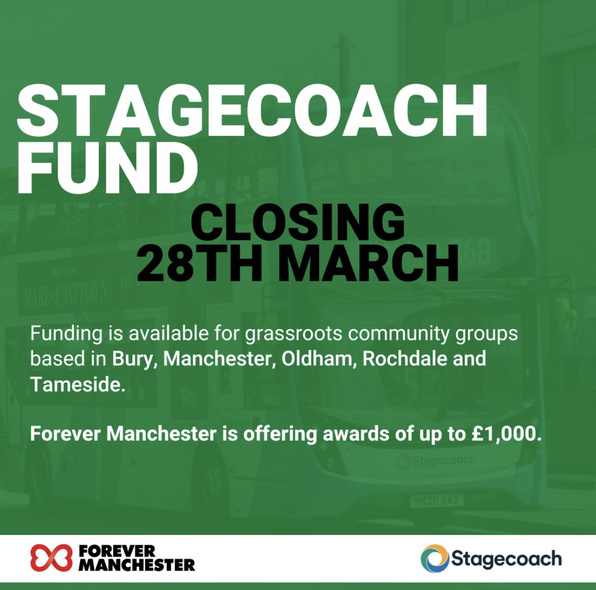 Get your applications in now! 📄 The deadline for the Stagecoach fund is Midday on Thursday 28th of March! For more info check out: forevermanchester.com/funding-and-su… @StagecoachGM @BuryVCFA @McrCommCentral