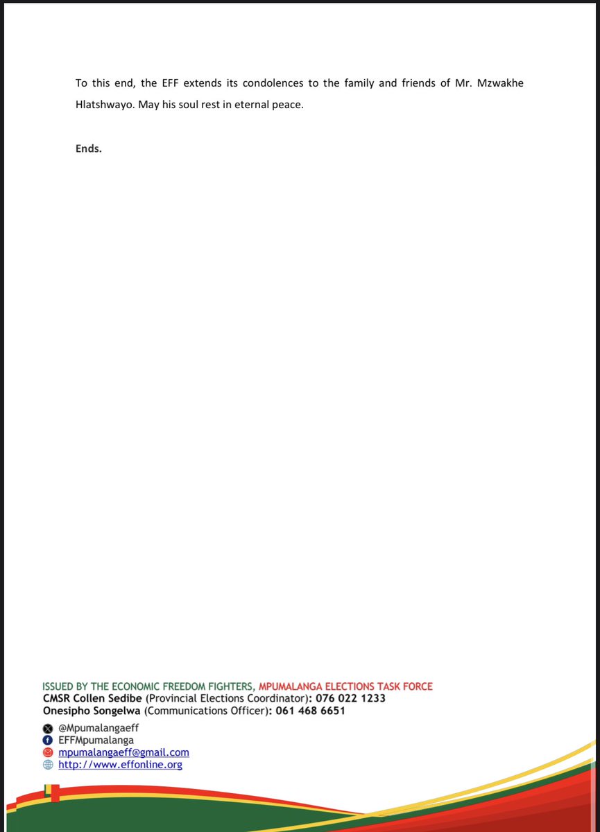 EFF Statement On The Murder of A Farm Worker-Mr Mzwakhe Hlatshwayo‼️ We call on the Provincial Police Commissioner Lieutenant-General Semakaleng Manamela, to ensure that the murder of Mr. Hlatshwayo is investigated and the suspect is charged accordingly. #JusticeForMrHlatshwayo