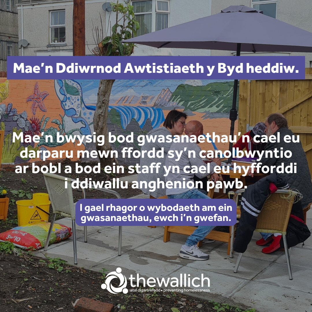 Mae’n Ddiwrnod Awtistiaeth y Byd heddiw. Mae ymchwil yn dangos bod 12% o bobl ag awtistiaeth wedi bod yn ddigartref. Mae’n bwysig bod gwasanaethau’n cael eu darparu mewn ffordd sy’n canolbwyntio ar bobl a bod ein staff yn cael eu hyfforddi i gefnogi anghenion pawb.