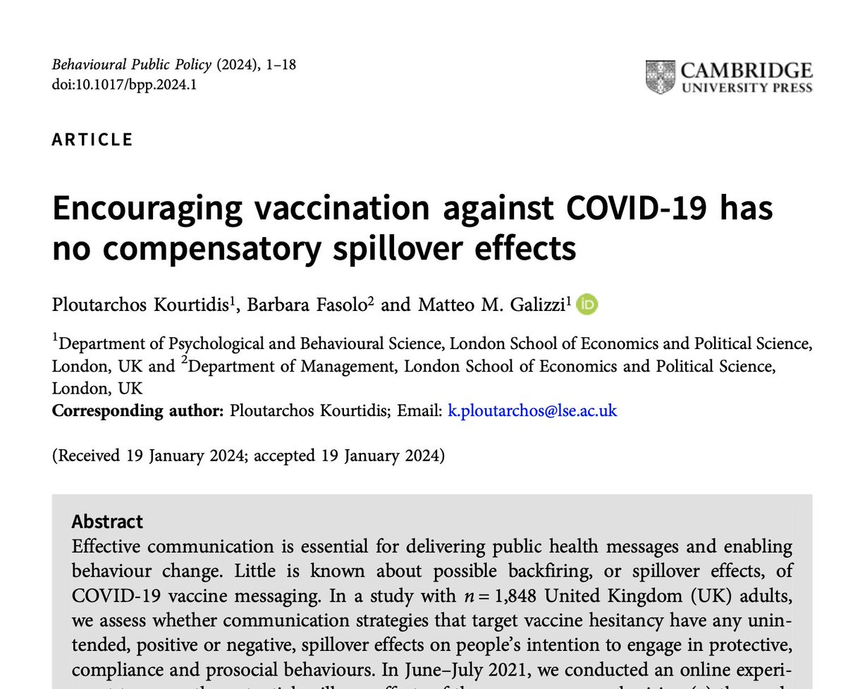 New in #Firstview - A study on the risks of harmful spillover effects from promotion of Covid vaccination
➡️cambridge.org/core/journals/…

@plutarc_k @barbarafasolo @Matteo_Galizzi @LSE_PBS #vaccination #unintendedconsequences