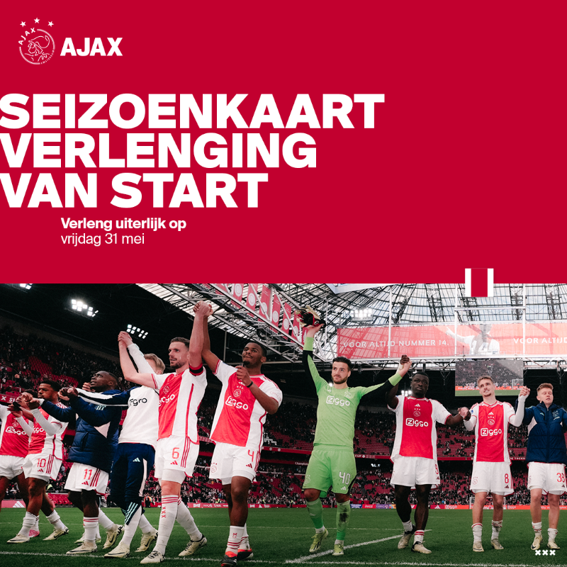 AjaxFancare's tweet photo. Verlengen kan 𝘁/𝗺 𝟯𝟭 𝗺𝗲𝗶. Alle seizoenkaarthouders ontvangen vandaag een verlengingsmail. Wil je meer weten? 👇