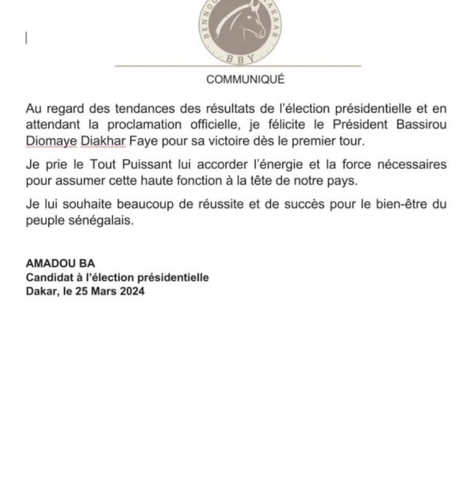 Amadou Ba (BBY ruling party candidate) congratulates Bassirou Diomaye Faye on his projected win of the 2024 Senegalese Presidential Elections. To win the elections on the 1st leg is unprecedented in Senegalese political history. The people have spoken! #FreeSenegal #SenegalVote