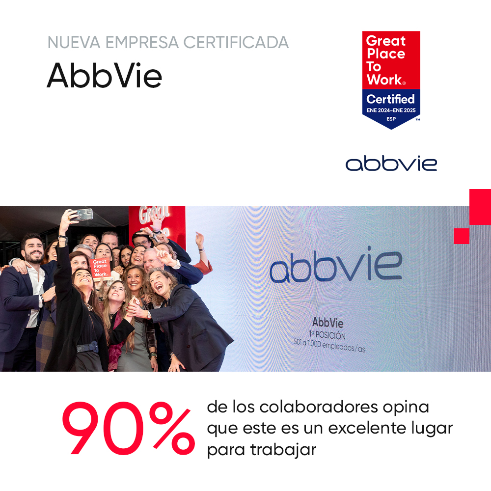 👏 ¡AbbVie obtiene la Certificación™ Great Place To Work®! ¡Bienvenid@s a la #ComunidadGreat! 🎉 🏅 El 90% de las personas de @AbbVie_ES opina que este es un excelente lugar para trabajar. 📍 Visita su #PerfilGreat en: greatplacetowork.es/abbvie-spain/ #GPTWcertifiedES