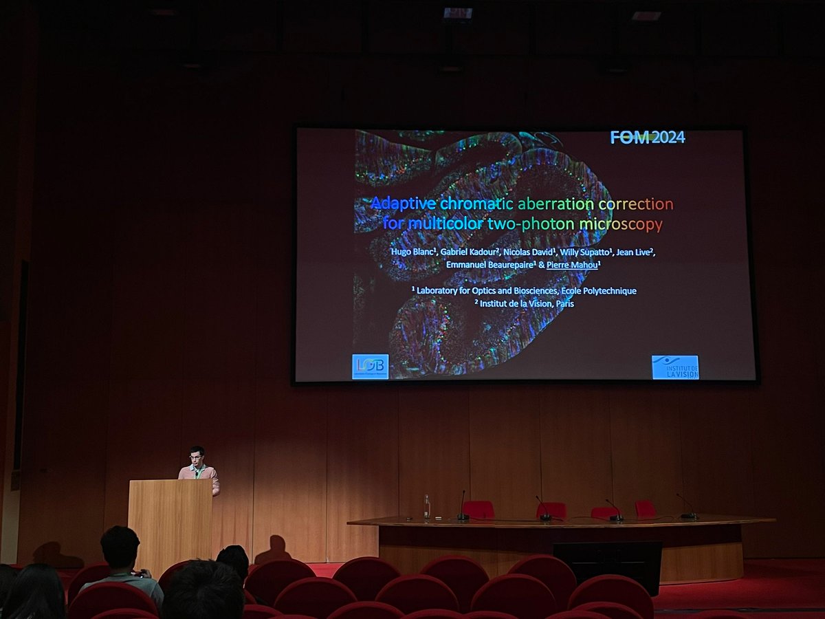 #PierreMahou presenting “Adaptive chromatic aberration correction for multicolor two-photon microscopy” at #FOM 2024! Here the link to the paper: @ACSPhotonics pubs.acs.org/doi/10.1021/ac… by @hugo__blc, @GabKaddour, #NicolasBDavid, @wsupatto , #JeanLivet, @E_Beaurepaire, #PierreMahou