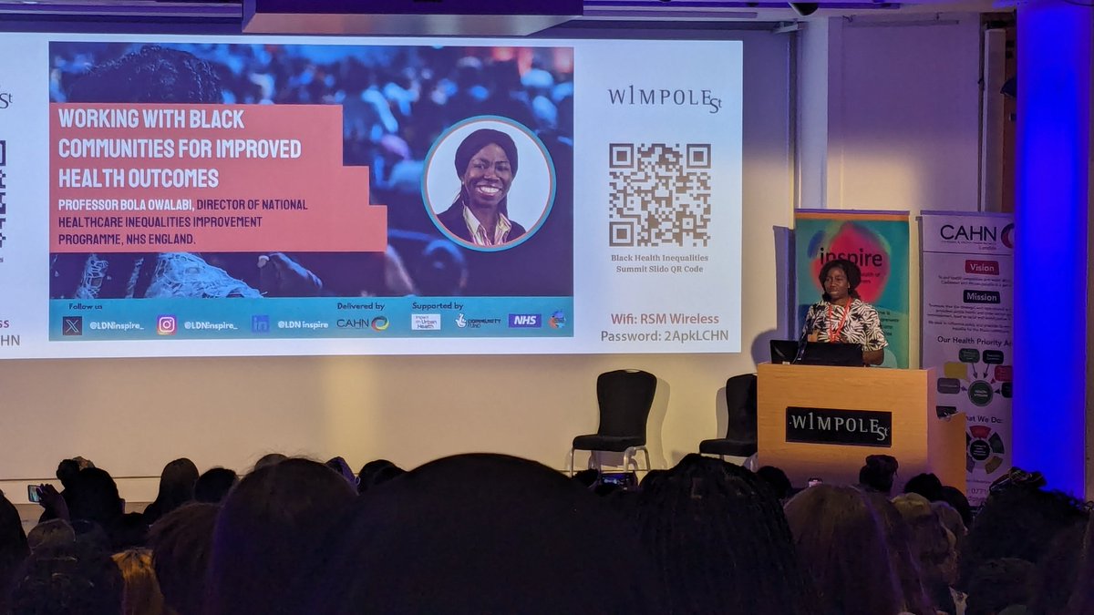 @LDNinspire_ #BlackHealthSummit24 Inspired to hear @BolaOwolabi8 and other talk about the so what, on getting it right in tackling health inequalities for all in our community. Equitable access, experience and outcomes. Actionable insights, do more together in partnership.