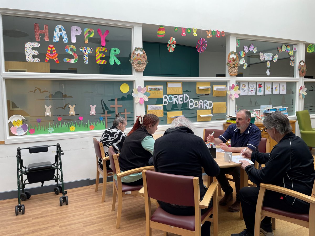 Staff and patients at Afton Ward, Sevenacres Mental Health Unit, are joyfully celebrating #Easter through creative activities, including crafting vibrant #Easteregg decorations and decorating office doors, fostering a #festive atmosphere that enhances mood and wellbeing. 🐰🌷