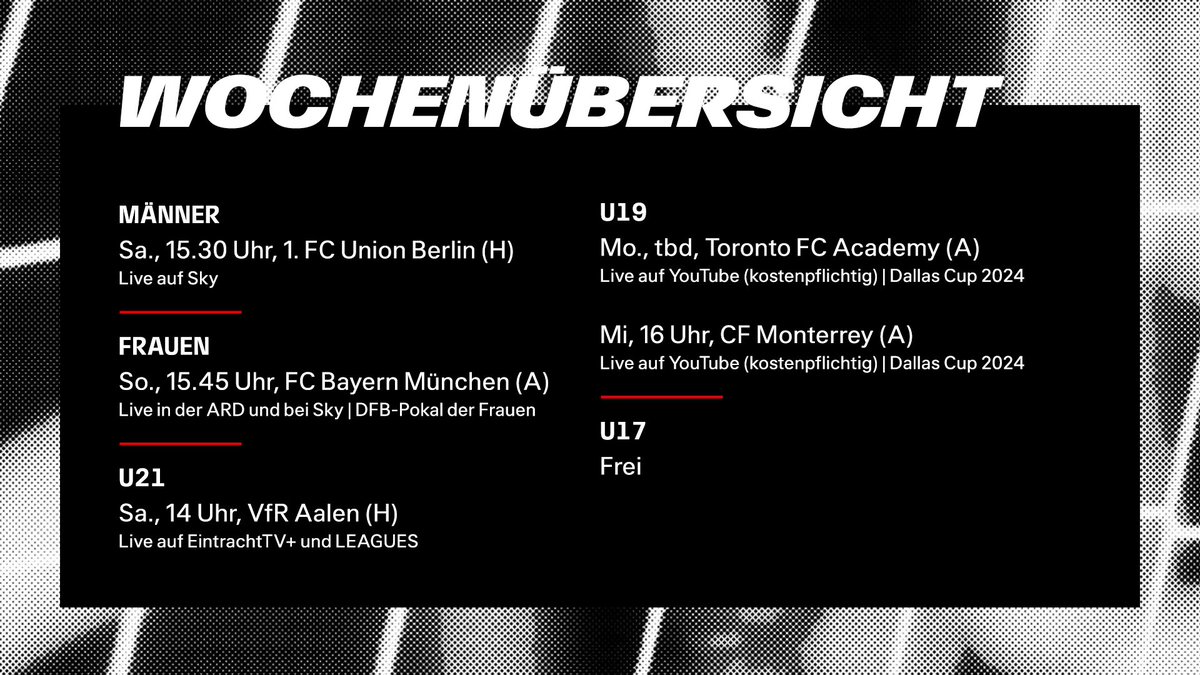 Folgende Woche erwartet uns 😌

ℹ️ Zwei Zusatzinfos: Aufgrund eines Sturms wird das Spiel unserer #sgeU19 in Dallas auf unbestimmte Zeit nach hinten geschoben. Zudem sind unsere Frauen heute Abend wie letzte Woche angekündigt zu Hause gegen Bremen im Einsatz. Also, falls ihr noch