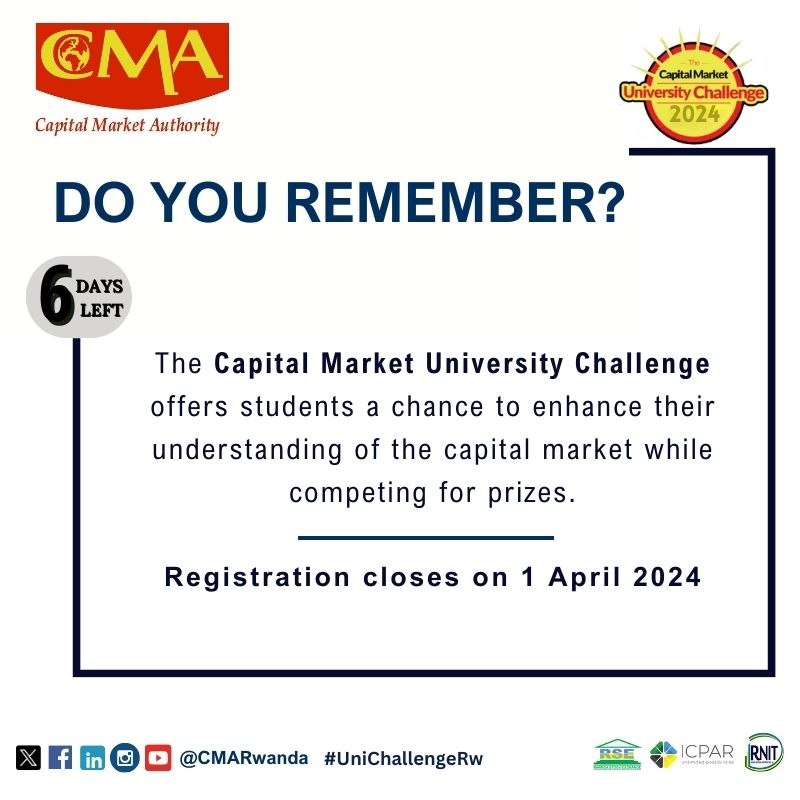 Only have 6 days left to register for the Capital Market University Challenge. Don't miss out on the chance to enhance your knowledge and win exciting prizes. Secure your spot in the competition by registering now! REGISTER: rb.gy/4s7wl4 #UniChallengeRw