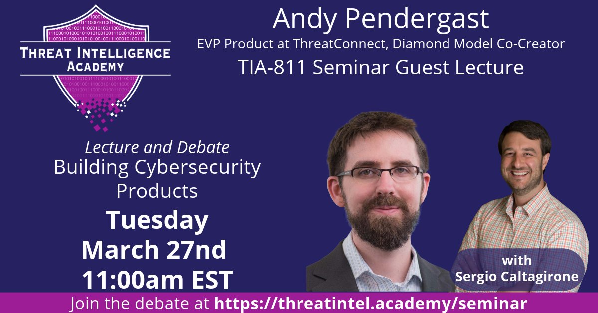 TOMORROW 3/26 11am Eastern. <a href="/0xAndrew/">Andy Pendergast</a>, EVP Product at <a href="/ThreatConnect/">ThreatConnect</a>, will lecture and debate on the challenges of building and executing cybersecurity products. How do we build better product? What is missing? hubs.ly/Q02qz23Z0