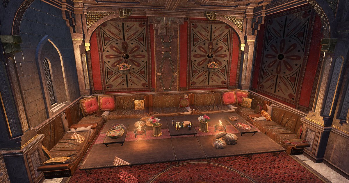On my mission to "Imperialize" my PDLP, I have started working on a triclinium with fancy frescoes, a low table, lots of side-lying seating, and a plethora of delicious sea-food delicacies, wine, and bread. Love this room so far. #ESOFam #TheElderScrollsOnline <a href="/TESOnline/">The Elder Scrolls Online</a> #ESORP