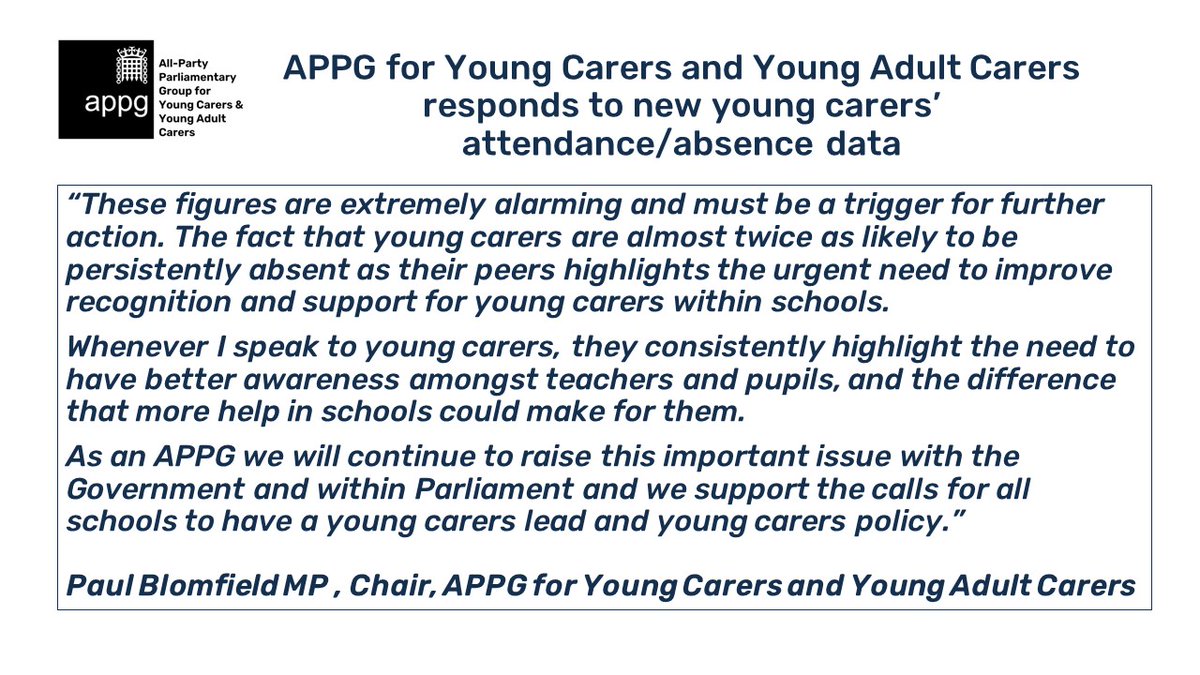 Our chair @PaulBlomfieldMP responding to @educationgovuk data published last week which showed 39% of young carers were persistently absent (missing 10% or more of school) last year compared with 21.1% of all pupils. Attendance for young carers was also 5 percentage points lower.