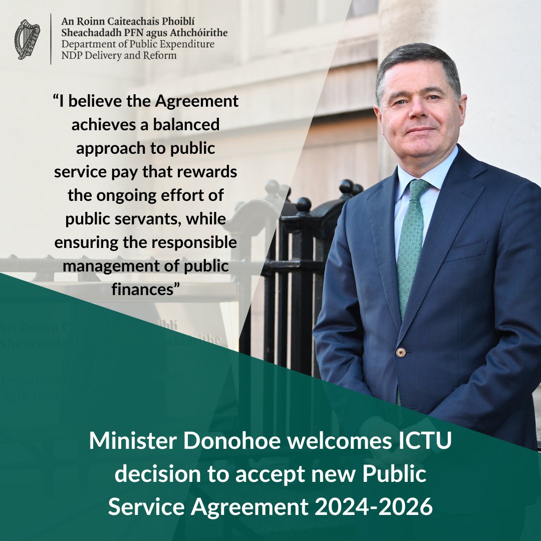 Minister @Paschald has welcomed today's decision by the Public Service Committee of @irishcongress to accept the new Public Service Agreement 2024-2026. Read more 👉 tinyurl.com/zztpfmz4