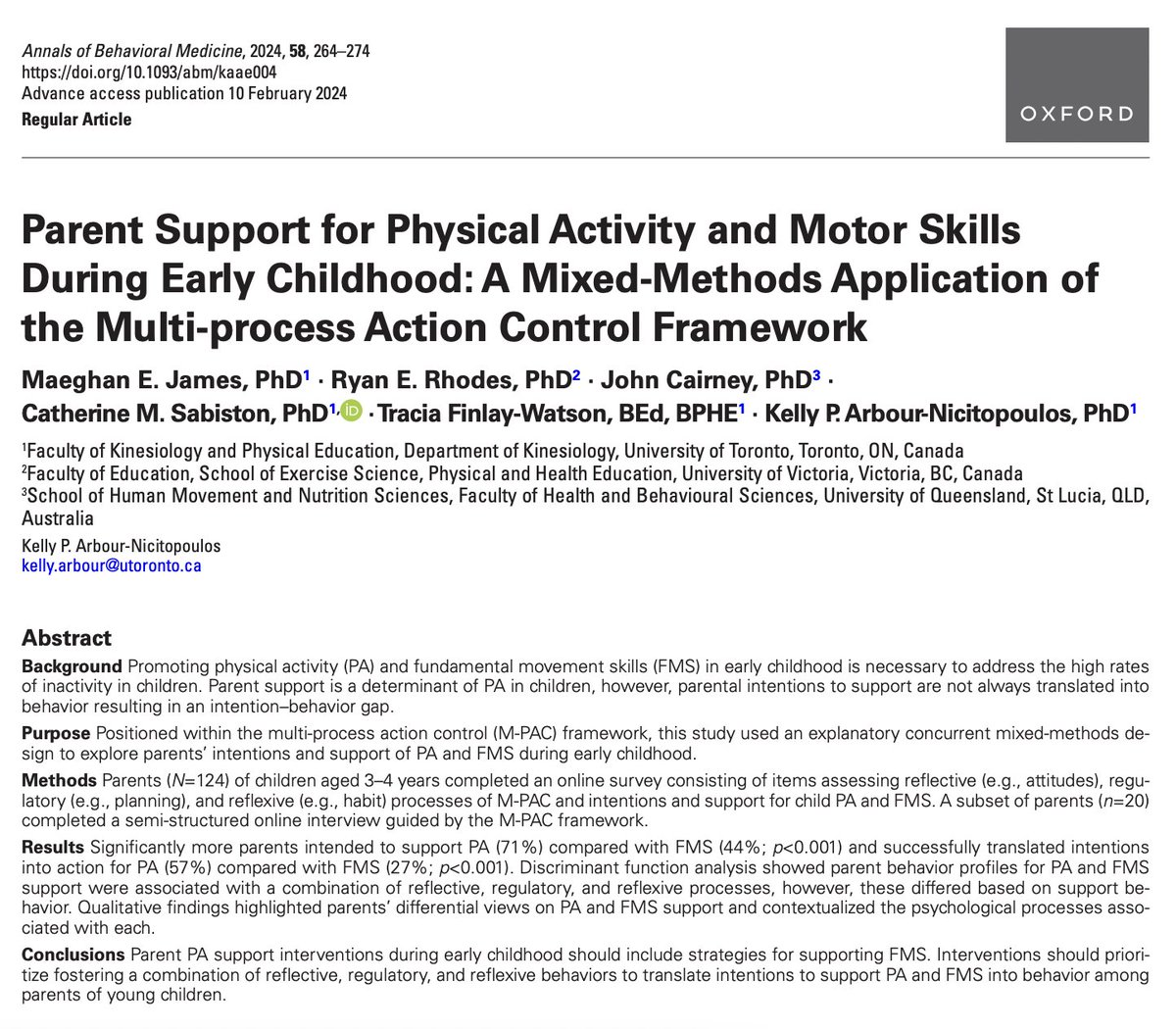 In the early years, parents are supporting physical activity but fewer are supporting motor skills. How can we promote parent support for both physical activity and motor skills? Check out the findings from my third PhD study here: doi.org/10.1093/abm/ka… #ABM @BehavioralMed