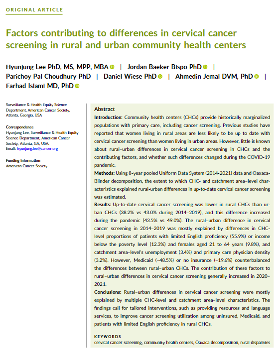 What factors contribute to differences in #CervicalCancer screening in rural and urban community health centers? A new @ACS_Research study highlights the need for tailored interventions to increase screening rates. #GYNCSM acsjournals.onlinelibrary.wiley.com/doi/10.1002/cn… @OncoAlert @ACSNews