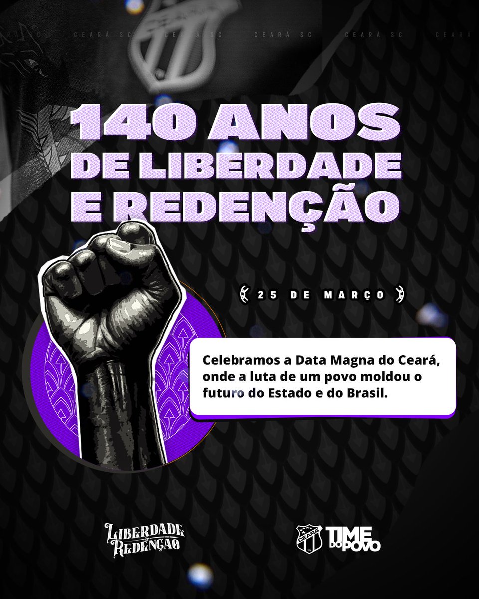 CearaSC's tweet photo. 140 anos de Libertação e Redenção! ✊🏿

O Ceará foi o primeiro estado que aboliu a escravidão. Um marco que mudou o futuro do nosso do Brasil. 

#CearáSC #DataMagna https://t.co/rGHFepGdh1