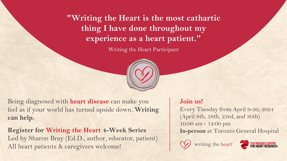 Have you signed up for our #WritingTheHeart workshop series in April yet? This workshop will help patients & caregivers use writing to help process some of the feelings and emotions that come with living with #heartdisease 🫀🖊️ Learn more & sign up at ourhearthub.ca/writingthehear…