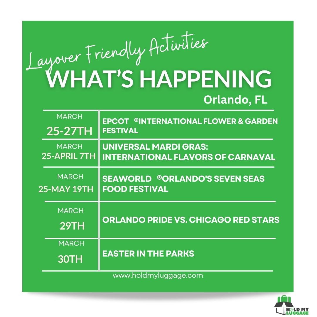 Heres some layover friendly activities happening this week! #HoldMyLuggage has your bags, go do something fun! 

#Orlando #Orlandoairport #MCO #Layover #longlayover #freetimebeforeflight #orlandotourism #floridatourism