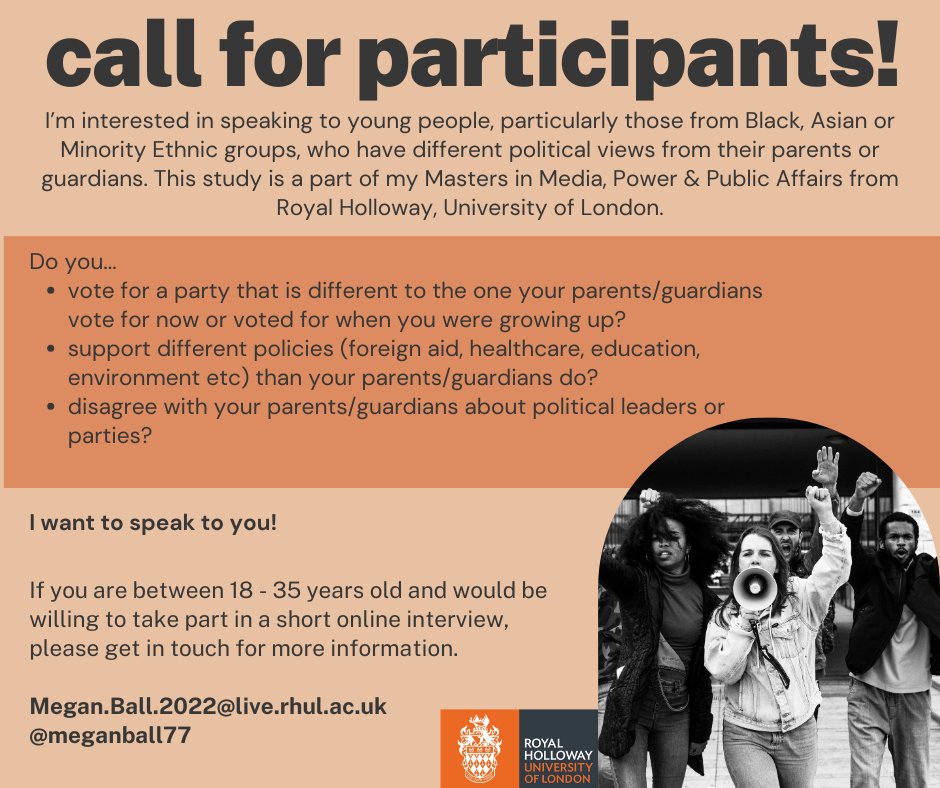 Thanks to everyone who shared the call for participants for my Masters research at @rhulpirp <a href="/newpolcom/">newpolcom</a>!✨ 

I'm doing a second call for participants and am particularly interested in hearing from those from minority ethnic groups. Please share amongst your network!