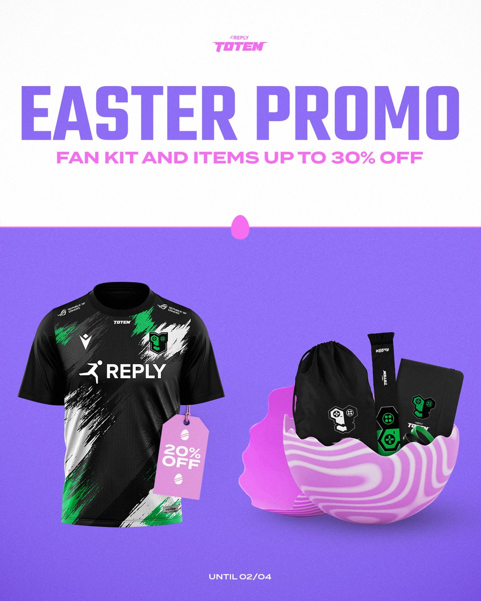 IT'S THAT TIME! EASTER PROMO IS HERE 🥚 🔸 Unique Fan Kit 🔸 20% OFF Jersey for the first time ever 🔸 More items up to 30% OFF Make your order now to receive it before Monthly Finals! store.replytotem.com/collections/ea…