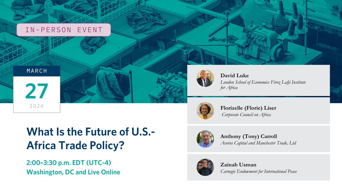 WED @ 2 PM⚡ @MssZeeUsman, David Luke, Florizelle Liser, and Anthony Caroll convene to explore the future of U.S.-Africa trade policy, amid approaching policy developments that are sure to affect trade relations. RSVP: bit.ly/4a49h1W