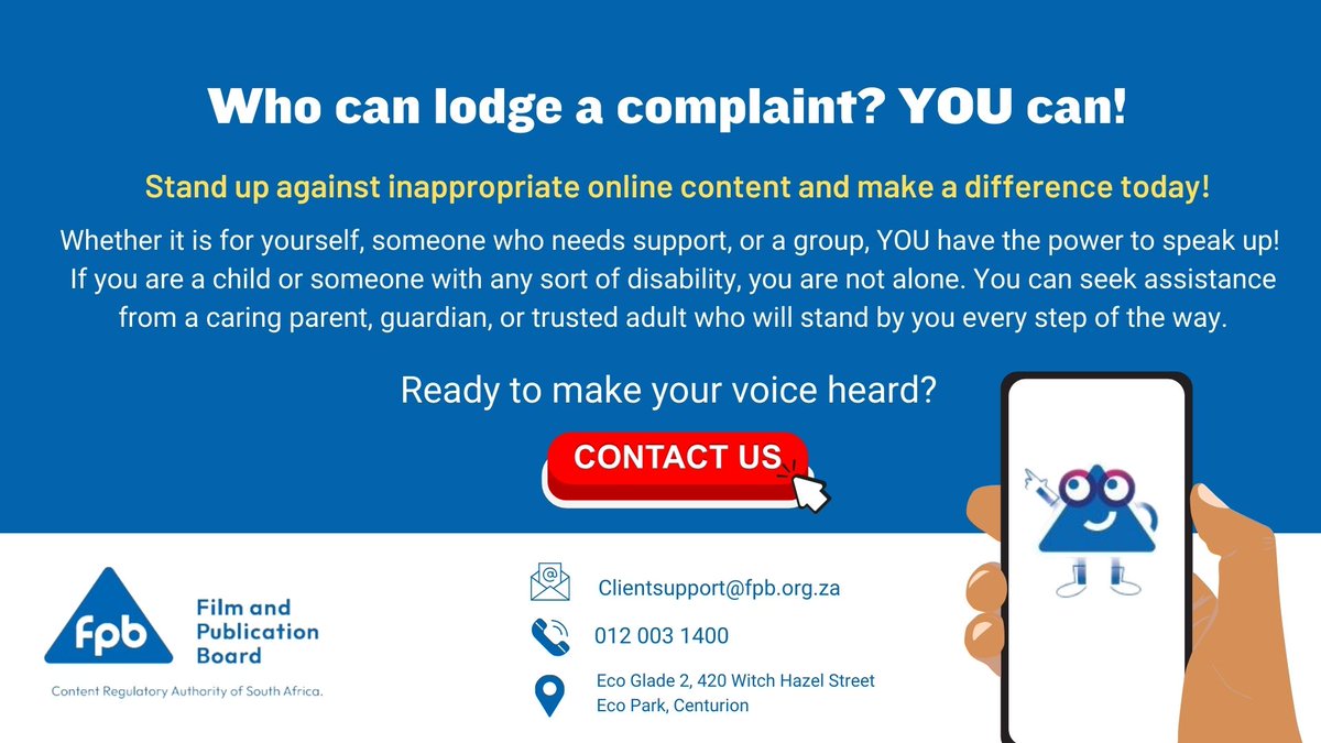Curious about who can lodge a complaint with the FPB? The answer is YOU! Thats right, YOU CAN. Whether it's unclassified, prohibited/concerning content, we are here to listen & act. Lodge your complaint on our FPB website fpb.org.za or email clientsupport@fpb.org.za