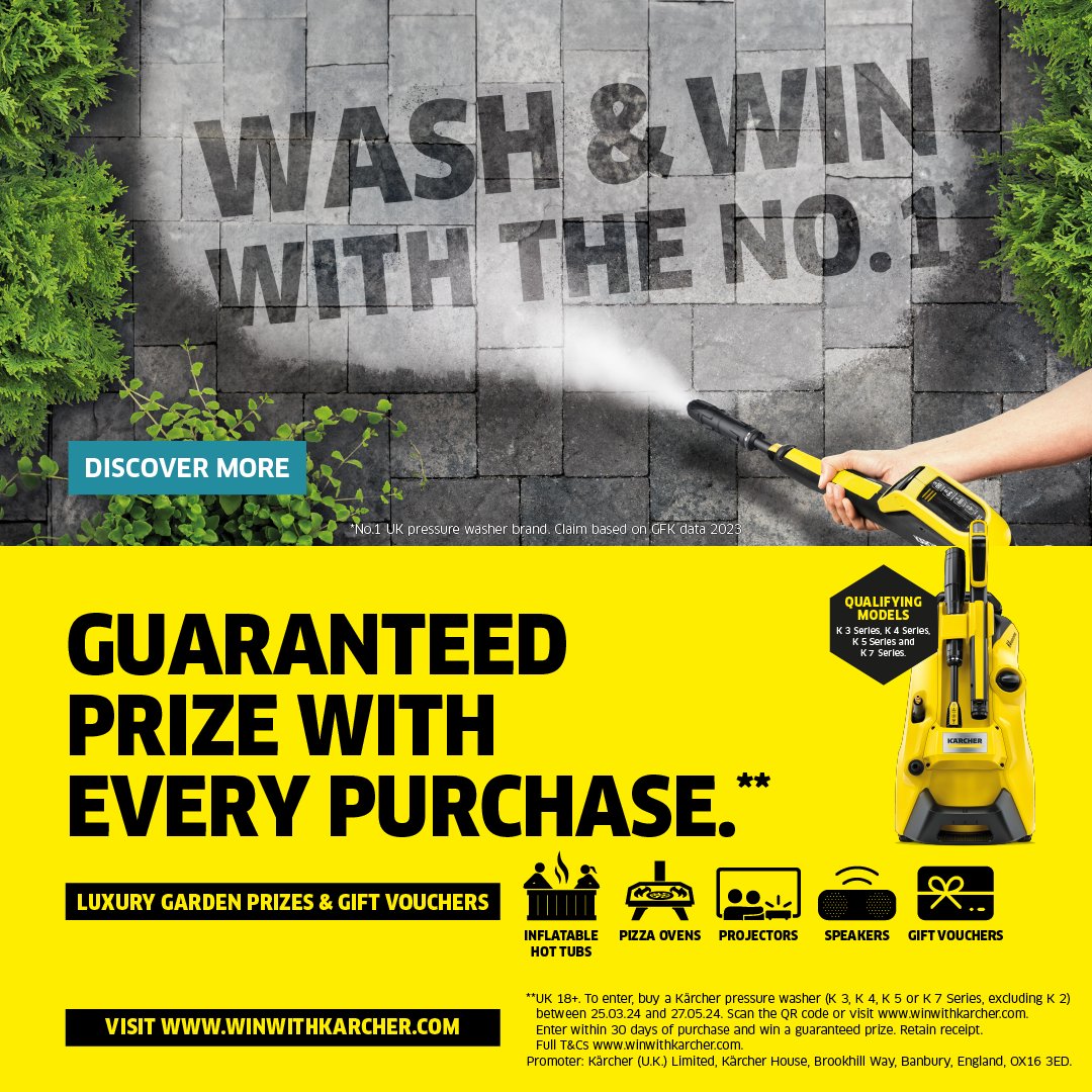 You can win* a luxury garden prize (inflatable hot tub, pizza oven, projector, speaker) or a £20 gift voucher when you purchase a Kärcher K 3 - K 7 Pressure Washer. Everyone's a winner with Kärcher - enter now: bit.ly/KarcherWashAnd… *Full T&Cs apply