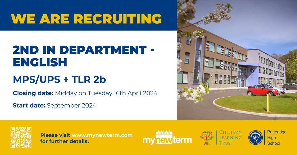 PutteridgeHSch's tweet photo. We have an excellent opportunity to join our team as a 2nd in Department within our English faculty.

Apply now via MyNewTerm. Closing date is midday on Tuesday 16th April.

https://t.co/1JAIEQdj6J https://t.co/dPxbUYtb84